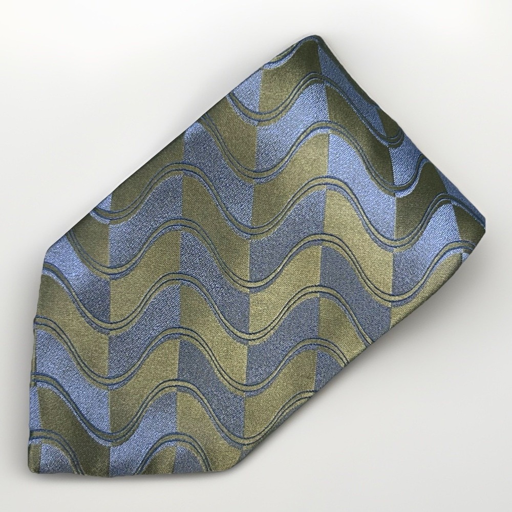 J Ferrar Silk Tie Blue Olive Wavy Geometric 61.5" x 3.5"